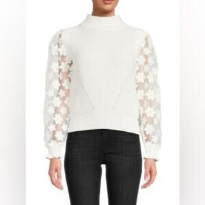 FRENCH CONNECTION Juri Mozart Floral Appliqué Mesh Sleeve Mock Neck Sweater S